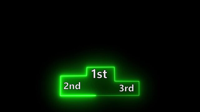 Winner podium with 1st, 2nd, and 3rd place icon animation with neon line on green color in a black background.pedestal appearance 4k motion design animation for web,