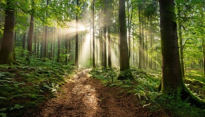Obraz premium Serene Forest Scene With Sunlight Filtering Through Trees Creating A Magical Atmosphere
