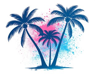 Three stylized palm trees on a pink and blue splattered background