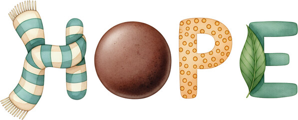 Three dimensional watercolor letters spell HOPE with a scarf chocolate sphere polka dots and a green leaf Typography Word Text Brown Blue Beige Cute Whimsical
