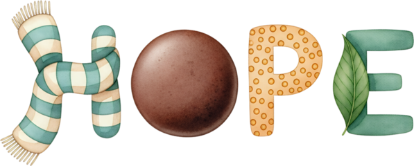 Three dimensional watercolor letters spell HOPE with a scarf chocolate sphere polka dots and a green leaf Typography Word Text Brown Blue Beige Cute Whimsical