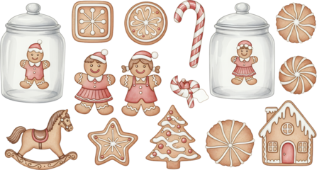 Assorted Christmas gingerbread cookies jars candy canes and a rocking horse ornament on black festive holiday sweet baking treat decorative seasonal celebration