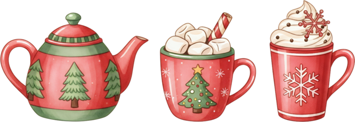 A red teapot adorned with evergreen trees and snowflakes accompanied by two festive mugs filled with hot beverages and whipped cream Christmas Hot Chocolate