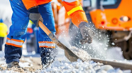 Road maintenance worker in high-visibility clothing shoveling snow and ice, performing winter clearing operations with a focus on safety and manual...