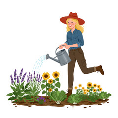 Happy woman watering flowers in a vibrant garden illustration