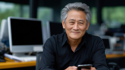 Smiling man using smartphone in modern office setting
