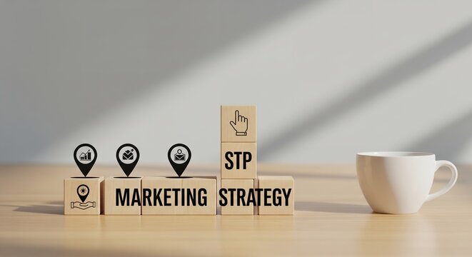 Marketing Strategy STP Concept on Wooden Blocks with Coffee Cup
