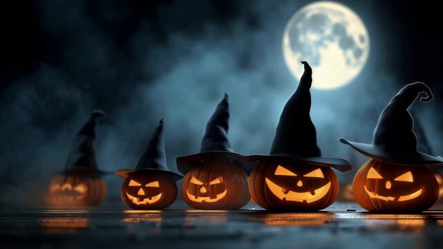 Dancing Halloween pumpkins in witch hats under full moon