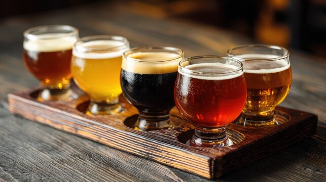 A selection of craft beers displayed in a wooden flight tray, showcasing various colors and styles.