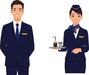 Airline staff, flight attendants, cabin crew, uniform, aviation, service, in-flight, pilot, stewardess, hospitality, tray, beverage, professional, tidy appearance, teamwork, travel