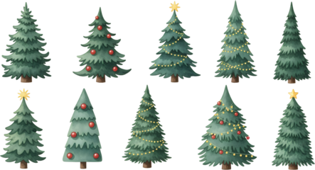 A collection of ten watercolor decorated evergreen trees some adorned with red ornaments and yellow string lights others topped with a star Christmas trees