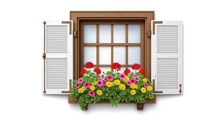 Charming Window Box with Colorful Flowers and Open Shutters, Isolated.