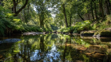 Obraz premium A serene forest scene with a calm river reflecting lush greenery and trees, capturing the beauty of nature.