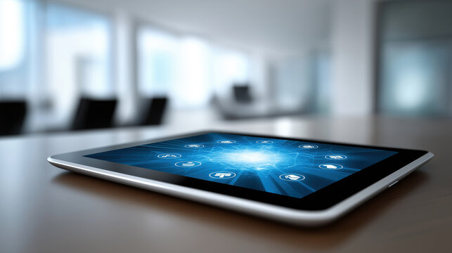 Tablet displaying digital icons on a desk in a modern office