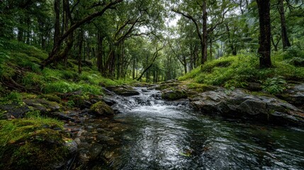 Obraz premium A serene forest stream flowing through lush greenery, surrounded by trees and rocks, creating a tranquil natural scene.