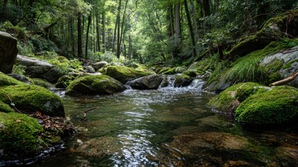 Obraz premium A serene forest stream surrounded by moss-covered rocks and lush greenery, capturing nature's tranquility.