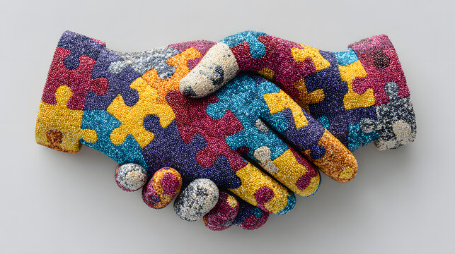 front view colorful handshake with puzzle details. On a white isolated background, With copy space for text. For World Autism Awareness Day, Autistic Pride Day