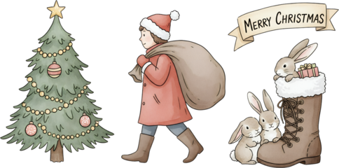 Watercolor illustration of a child with a sack decorated Christmas tree and rabbits with gifts inside a boot with a Merry Christmas banner ornaments lights