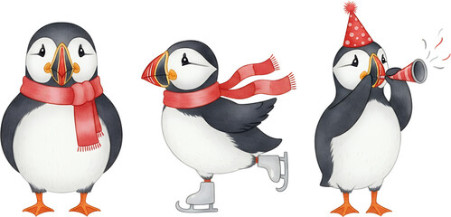 Three illustrated puffins wearing red scarves one ice skating and another wearing a party hat and blowing a horn bird animal illustration wildlife cute