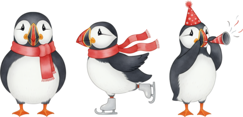 Three illustrated puffins wearing red scarves one ice skating and another wearing a party hat and blowing a horn bird animal illustration wildlife cute