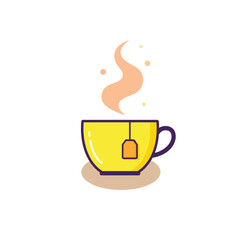 Yellow teacup with tea bag and steam rising up hot beverage.