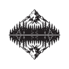 Mountain and Pine Forest Landscape with Perfect Water Reflection Vector Illustration
