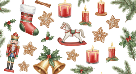 Watercolor Christmas seamless pattern featuring nutcracker stocking rocking horse star cookies candles holly bells cinnamon sticks and pine branches holiday