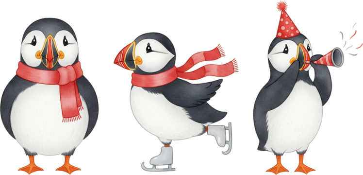 Three illustrated puffins wearing red scarves one ice skating and another wearing a party hat and blowing a horn bird animal illustration wildlife cute