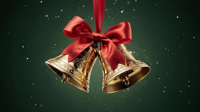 Swinging Golden Christmas Bells with Red Ribbon Loop. Adorned with a classic red ribbon, this festive motion graphic is perfect for greeting cards, church services, and classic holiday videos.