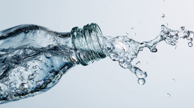 A splash of water spills from a clear bottle, capturing the essence of freshness and hydration.