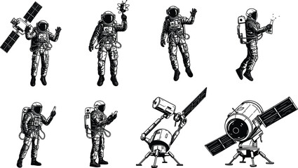 Astronauts in space suits with satellites, astronauts working, space exploration science, cosmic research, futuristic technology, outer space illustration vector © Rafin's World