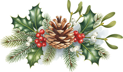 Festive arrangement featuring a central pine cone surrounded by lush green holly leaves red berries white mistletoe berries and delicate pine needles Christmas