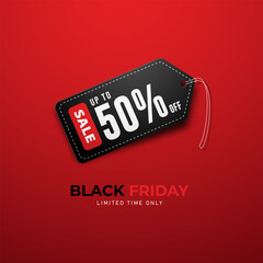 Black Friday Sale Tag Up To 50 Percent OFF On Isolated Red Background. Suitable For Black Friday Business Holiday