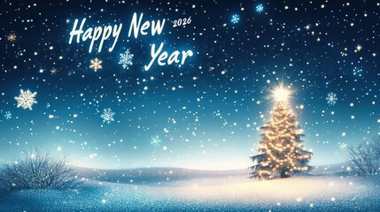 A magical winter wonderland scene with a decorated christmas tree and the words happy new year 2026