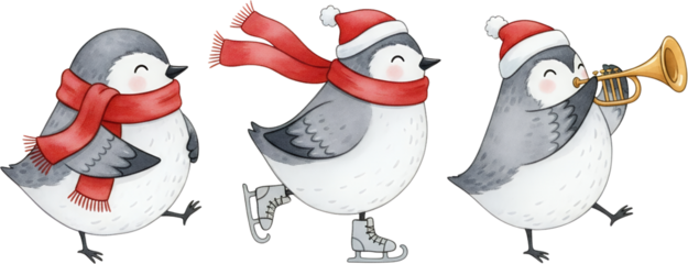 Three charming watercolor birds wearing red scarves and hats one ice skating one playing a trumpet and one standing illustration winter scarf music cute