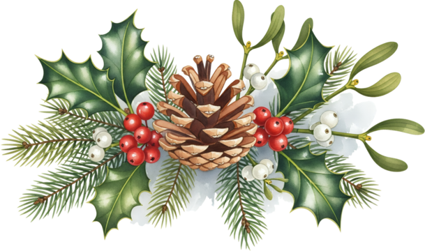 Festive arrangement featuring a central pine cone surrounded by lush green holly leaves red berries white mistletoe berries and delicate pine needles Christmas - Powered by Adobe