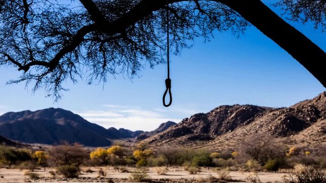 Silhouette of Hanging Noose on Tree Branch Against Desert Mountains and Sky.