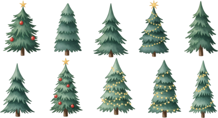 Collection Of Watercolor Christmas Trees Some Decorated With Red Baubles And Yellow String Lights Topped With Stars On A Transparent Background Holiday Festive