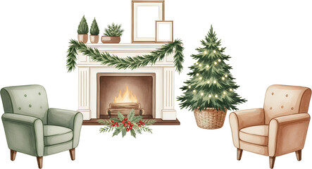 Cozy Christmas scene with a lit fireplace decorated pine tree two armchairs and festive garland Winter Holiday Decoration Interior Warmth Lights Home Seasonal