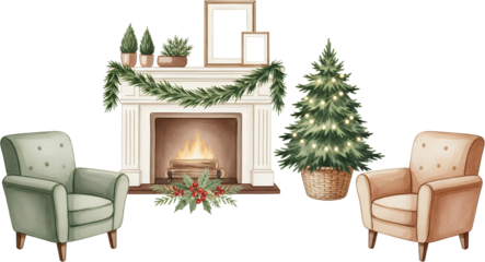 Cozy Christmas scene with a lit fireplace decorated pine tree two armchairs and festive garland Winter Holiday Decoration Interior Warmth Lights Home Seasonal