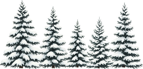 A line of evergreen pine trees heavily laden with fresh white snow showcasing winter's beauty against a dark background Snowfall Cold Nature Forest Landscape