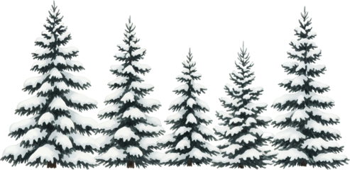 A line of evergreen pine trees heavily laden with fresh white snow showcasing winter's beauty against a dark background Snowfall Cold Nature Forest Landscape