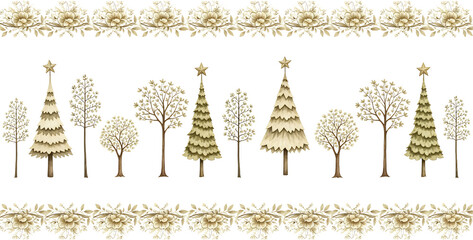 A Decorative Border Of Ornate Flowers Above A Row Of Stylized Trees And Festive Evergreen Conifers Including A Star Topped Tree All In Neutral Tones On A Transparent Background