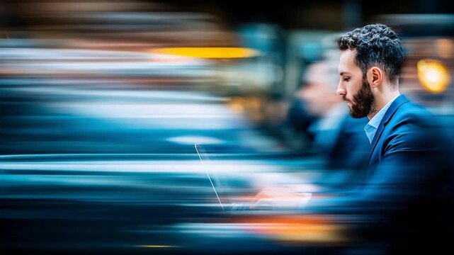 Businessman working on laptop with motion blur, symbolizing fast paced technology.