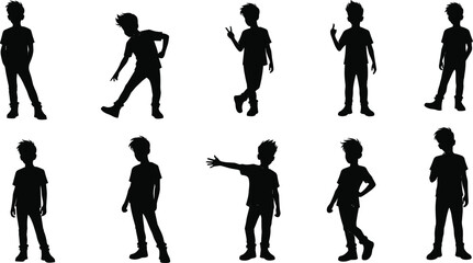 Boy silhouette collection, child standing pose vector, young kid black outline, children fashion template, stylish youth shadow illustration design concept