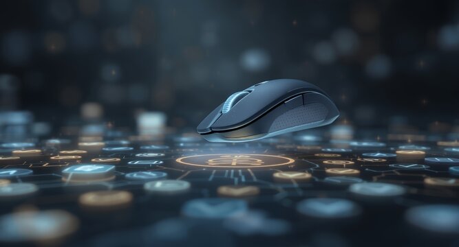 Wireless Computer Mouse Floating Above Abstract Tech Background