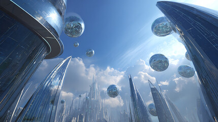 Futuristic city skyline with reflective glass skyscrapers and floating spherical habitats under a clear blue sky.