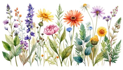 Watercolor painting of a diverse array of wildflowers, arranged in a vibrant, horizontal row against a white background