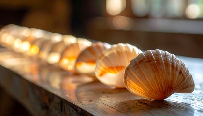 Shells lined up on a wooden surface