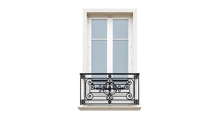 Parisian Window with Ornate Iron Balcony, Crisp White Frame, Minimalist Aesthetic